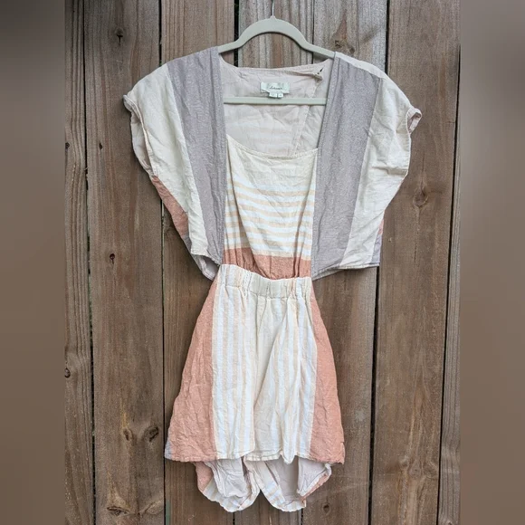 Anthropologie Elevenses Neutral Striped Square Neckline Cut Out Romper - Picture 2 of 16